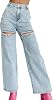 Women's High Waist Straight Wide Leg Y2K Denim Pants Cut Out Rhinestone Jeans Streetwear