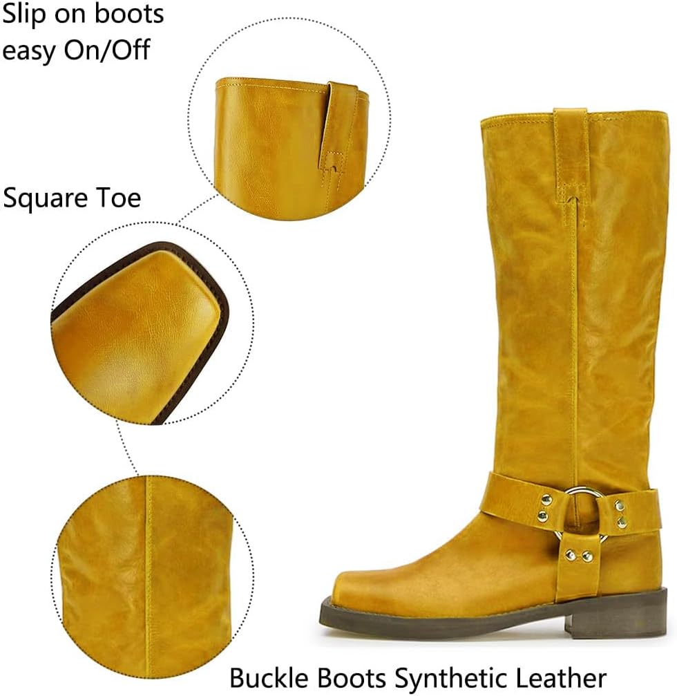 FIFSY Knee High Boots for Women Chunky Heel Buckle Boots Square Toe Pull On Motorcycle Biker Riding Boots Low Heel Tall Booties - Image 4