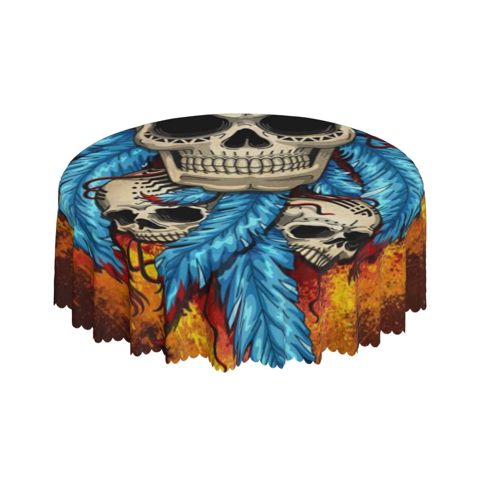 Lsjuee Death Skull Tribe Feather Round Tablecloth 60 Inch Printed Washable Tablecloth for Dining Party Holiday Fall Home Decorative