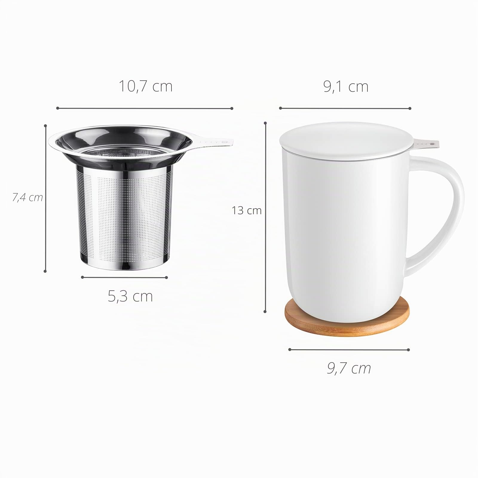 CEEFU Porzellan-Teetasse mit Ei und Deckel, mit Filter und Untersetzer, Lose Teetasse Steeper Maker, 473 ml für Tee/Kaffee/Milch/Frauen/Büro/Zuhause/Geschenk, Weiß