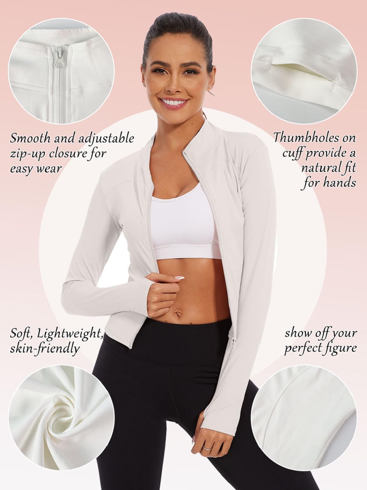 Yutdeng Chaqueta Running Mujer Sudadera con Cremallera Chaqueta Deportiva Manga Larga Secado Rápido Transpirable Ropa Deportiva Mujer Tops Correr Gym Yoga con Agujeros para Pulgar,Blanco,S