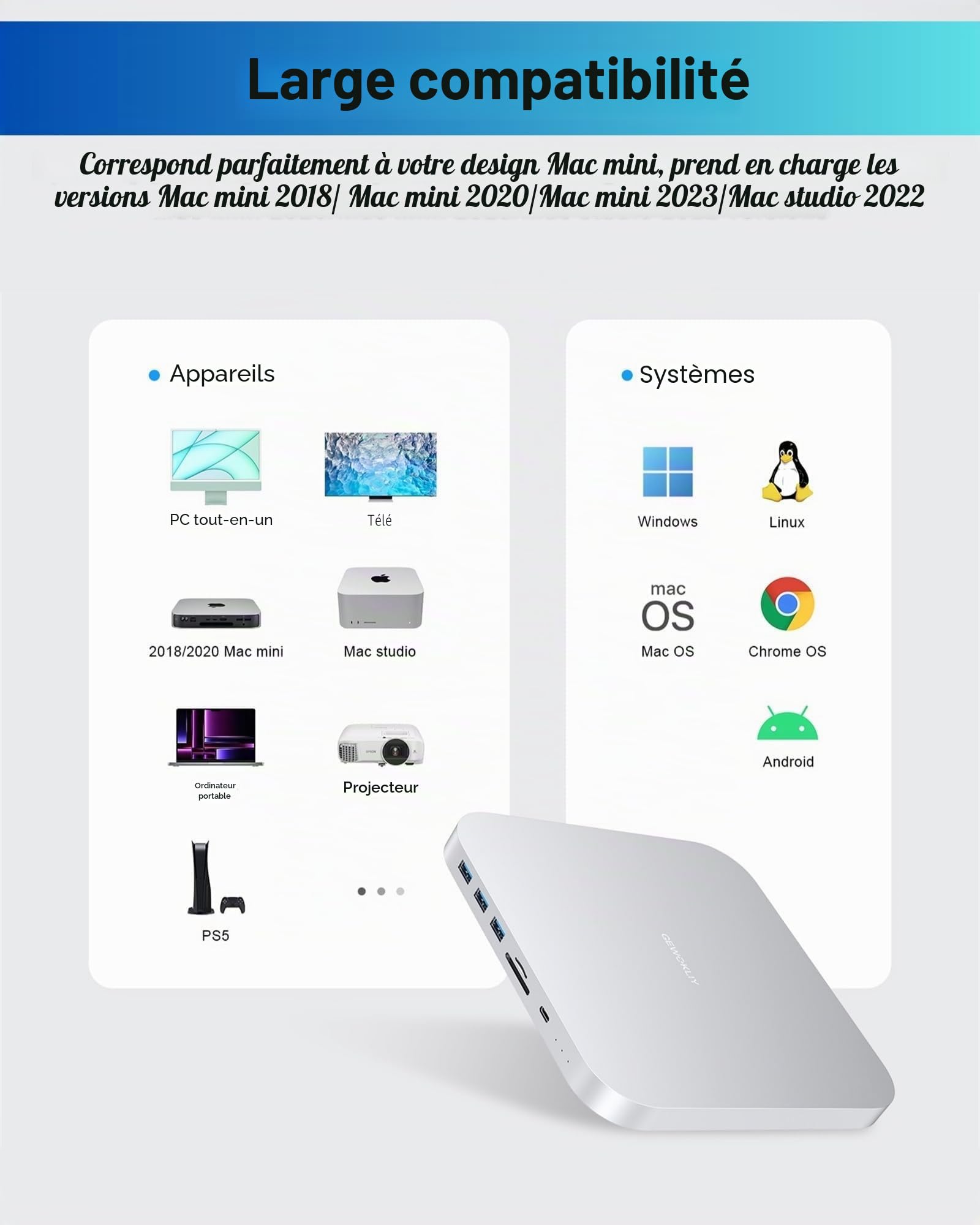 Mac Mini Dock, hub USB C avec Disque Dur SATA de 2,5", NVMe M.2 SSD, 4K @ 30 Hz, Type-C 10 Gbit/s, lecteurs de Cartes TF/SD, Compatible avec Mac Mini M1 M2