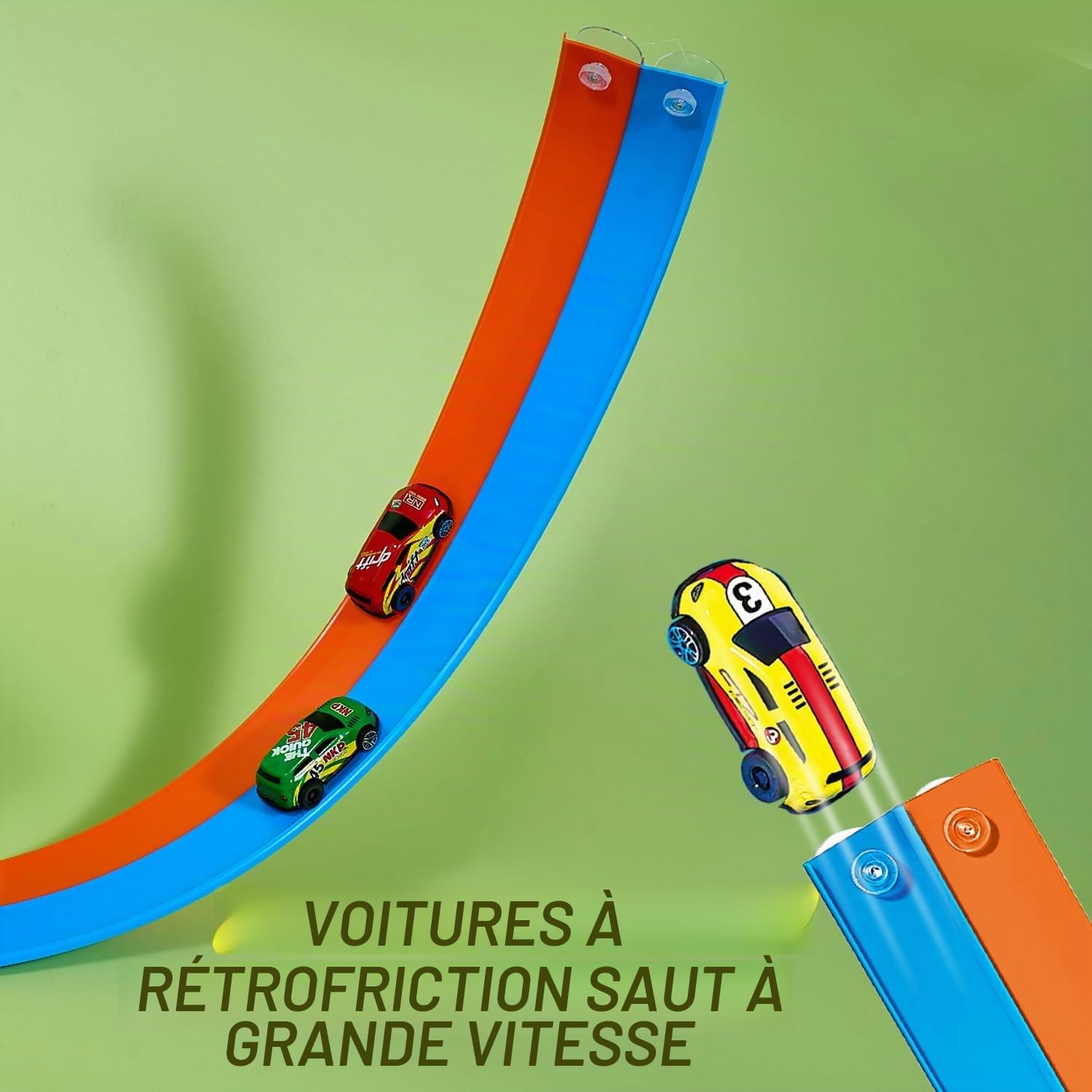 Circuit de Voiture Flexible 6M avec Ventouses & 4 Voitures à Ressort | Piste Double Couleur Bleu & Orange | Piste Portable pour Enfants 3–8 Ans | Jouet Cadeau Course