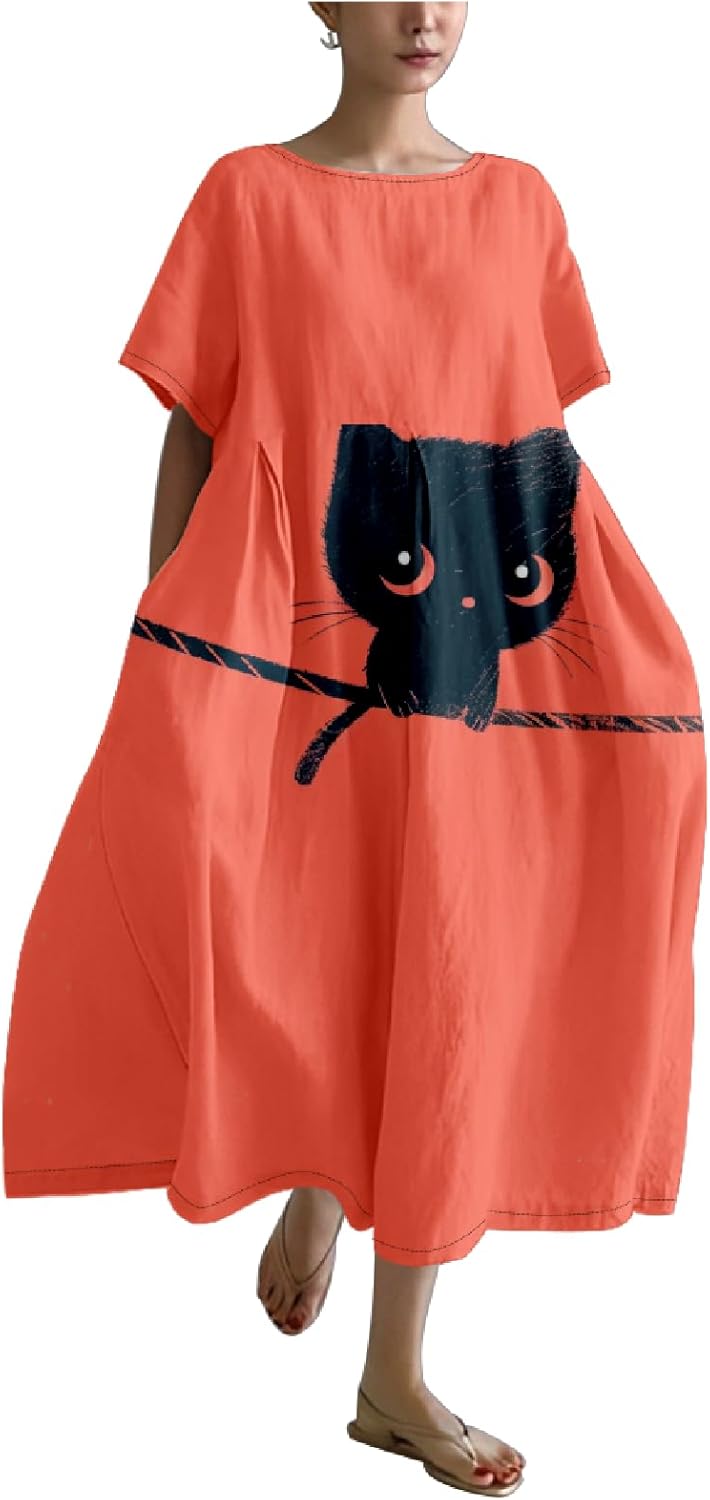 MARSVOVO Summer Dress for Women Funny Cat Graphic Cute Short Sleeve Maxi Dress Causal Plus Size Party Dress for Women