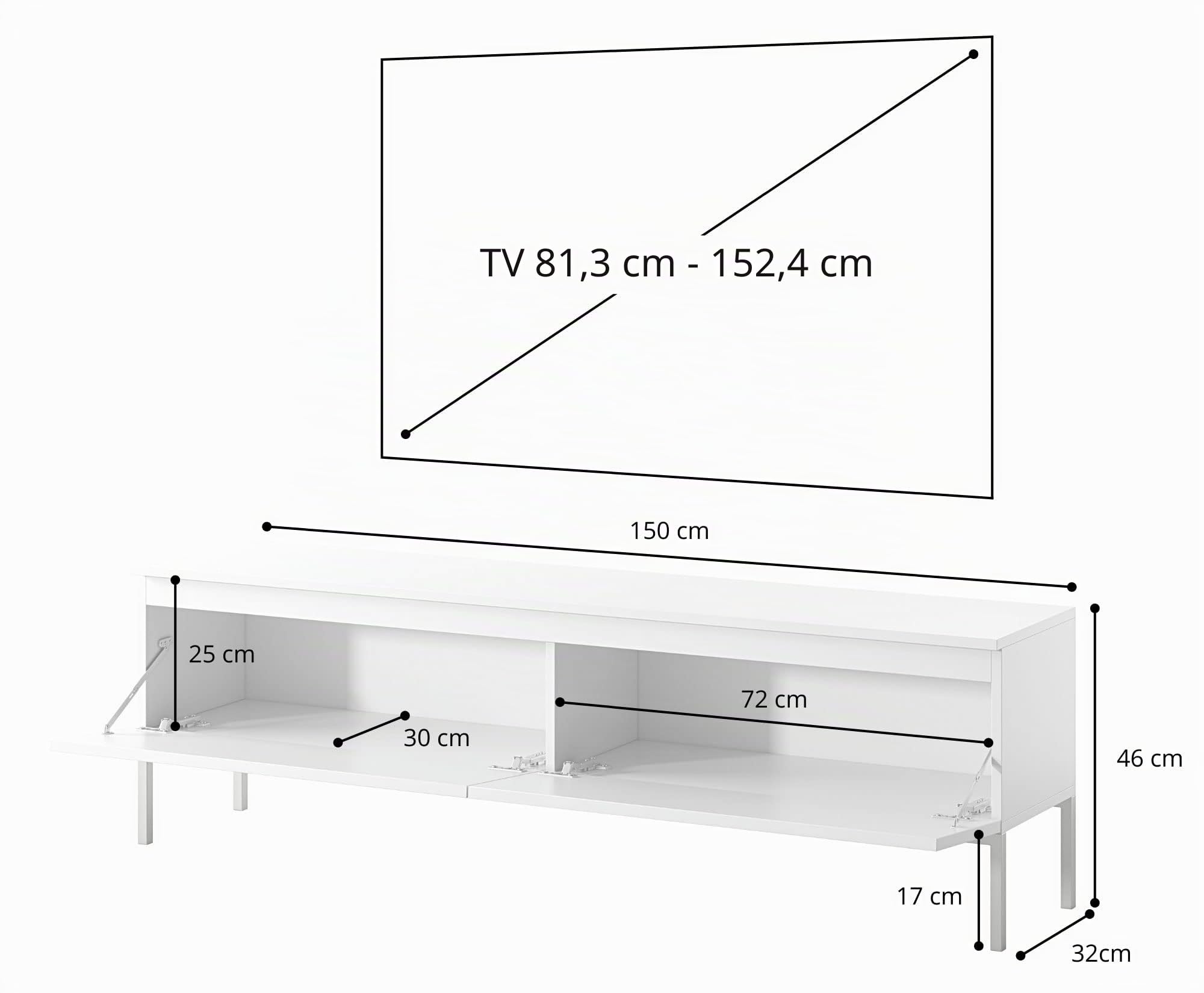 Selsey Mobile TV Mobile Porta TV 2 Ante 150 cm Con Piedini Dorati Per Soggiorno Camera Da Letto Bianco Bemmi