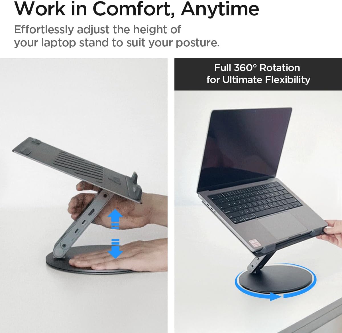 Spigen ArcDock Laptop Stand demonstrating adjustable height and 360-degree rotating base for ergonomic positioning.