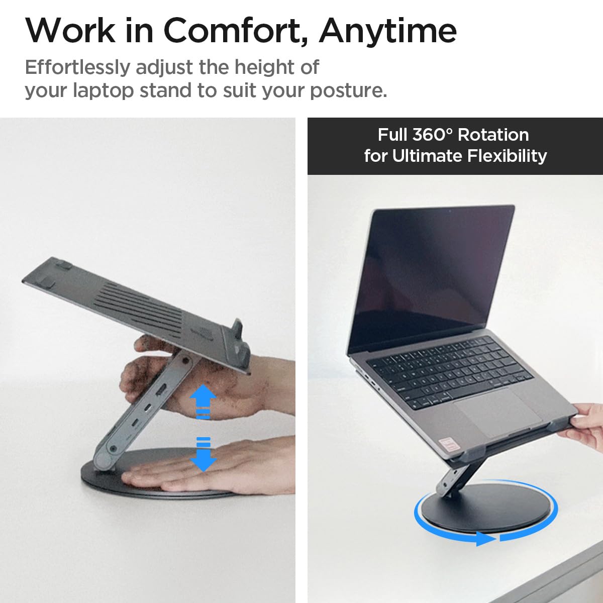 Spigen ArcDock Laptop Stand with 6 in 1 Hub USB-A 3.0, USB-C 3.0, PD 100W, 4K 60Hz HDMI Universal Adjustable Folding Laptop Dock with 360 Rotating Base - Space Grey 13