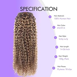 Curly Clip In Hair Extensions Real Human Hair Clip Ins Balayage Chocolate Brown to Caramel Blonde Human Hair Extensions 8Pcs with18clips 120g/Set (16 inch4/27/4)