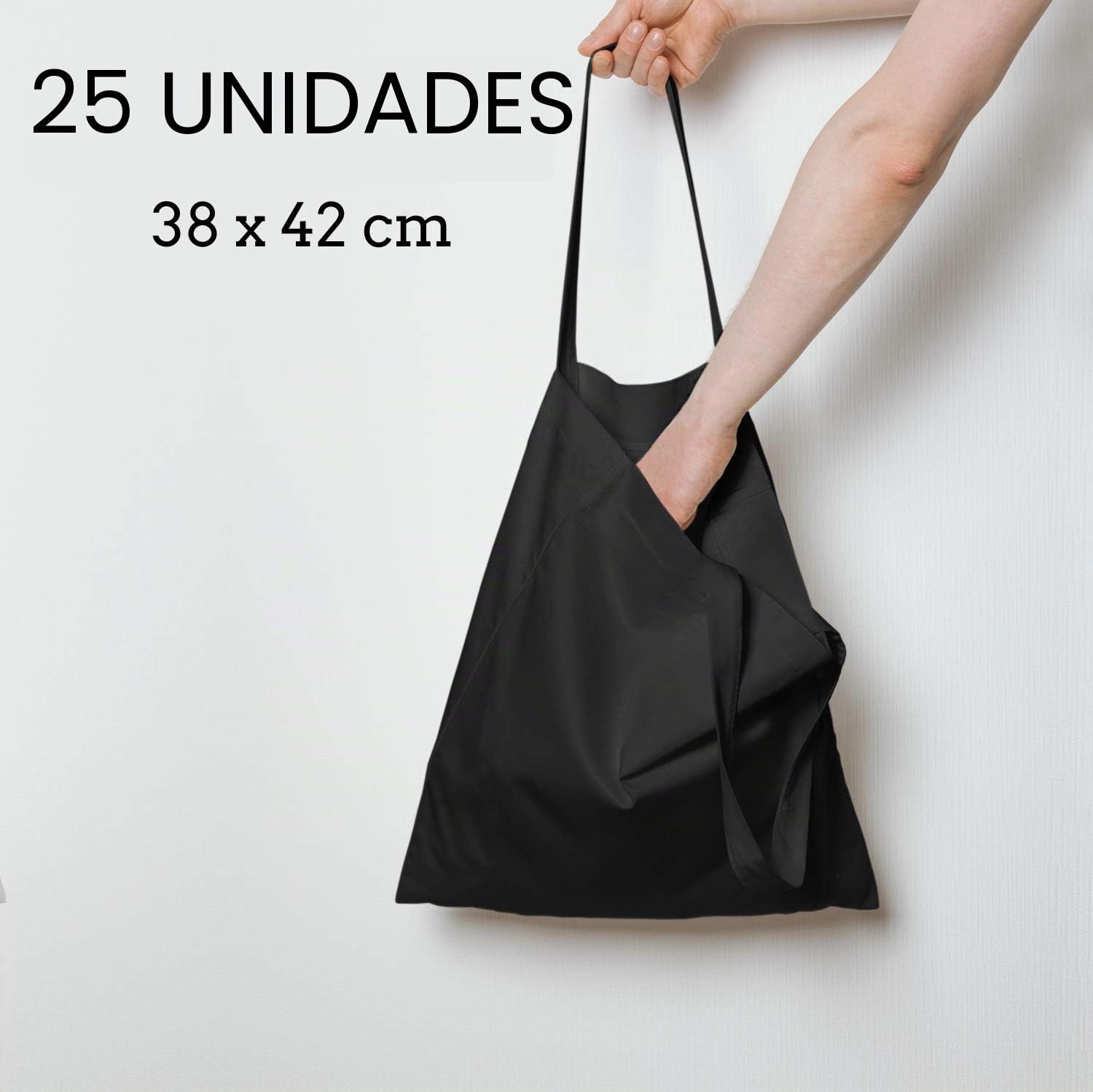ELES VIDA Bolsa de algodón 38x42 cm 25 piezas sin imprimir, dos asas largas con certificación OEKO-TEX® Bolsa de tela, bolsa de transporte, bolsa de algodón, bolsa de compras, bolsa de yute, Negro