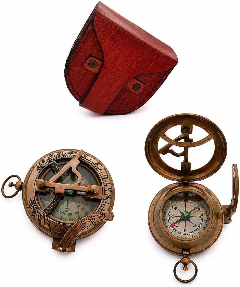 Handmade Brass Pocket Compass with Leather Case – Antique Style Sundial Nautical Navigation Tool for Traveler, Hiking, Camping & Graduation Gifting