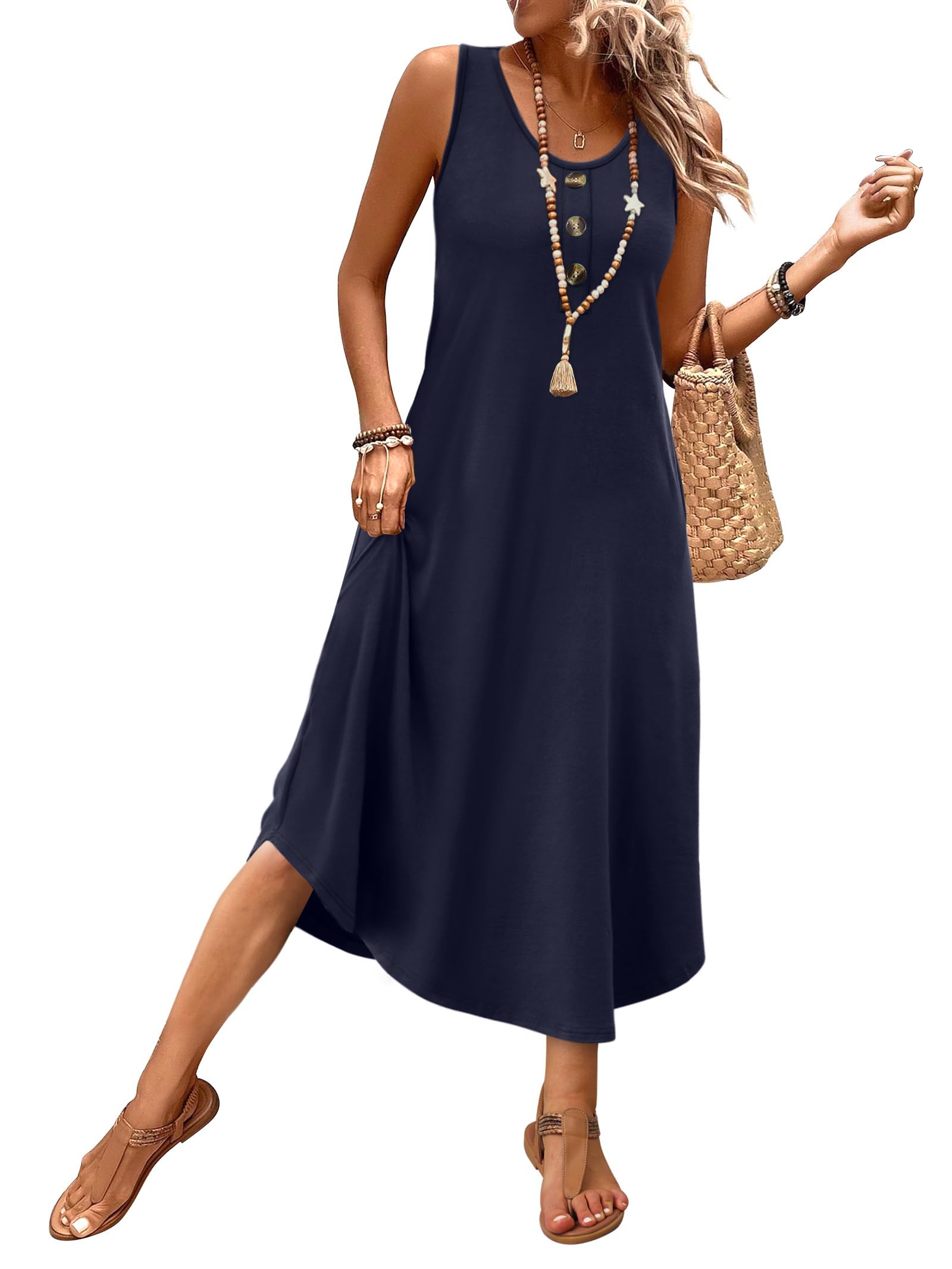 WIHOLL Summer Dresses for Women 2026 Button Front Sleeveless Casual Midi Dress Beach Vacation Sundresses with Pockets