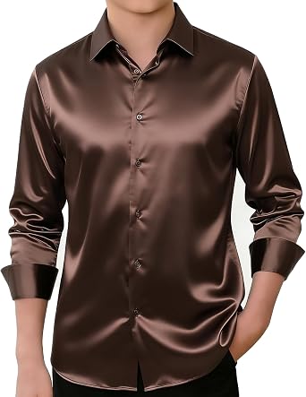 Hi-Tie Boys Satin Shirt Solid Long Sleeve Dress Shirts | Luxury Silky Shiny,Kid-Friendly,Wrinkle-Free,Classic Button Down,Elegant Formal Style,Great for Wedding Birthday Party