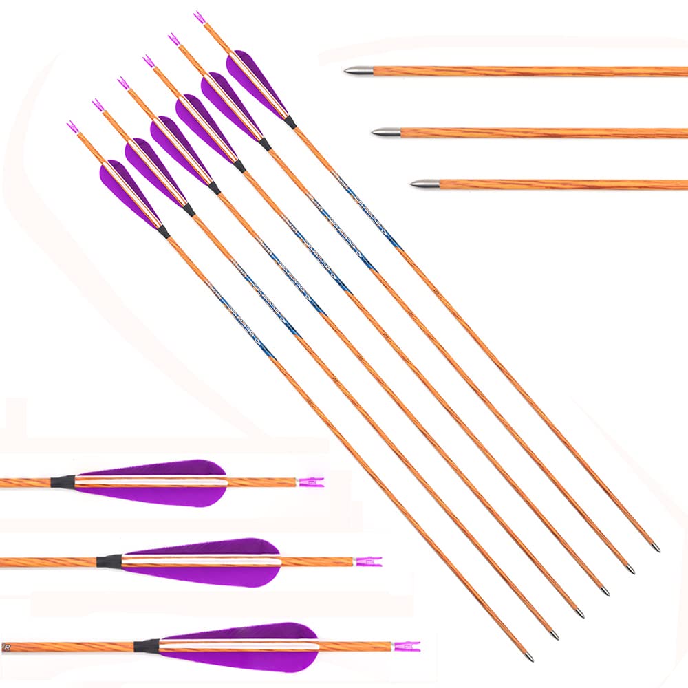 ACCMOS ID 4.2 mm Hunting Arrow 4" Purple White Feather Spine 600 700 800 Wood Like Arrow Shaft Blue Tags Carbon Arrows for Bows Arrows Archery 6pcs (Spine 800, 29inch)