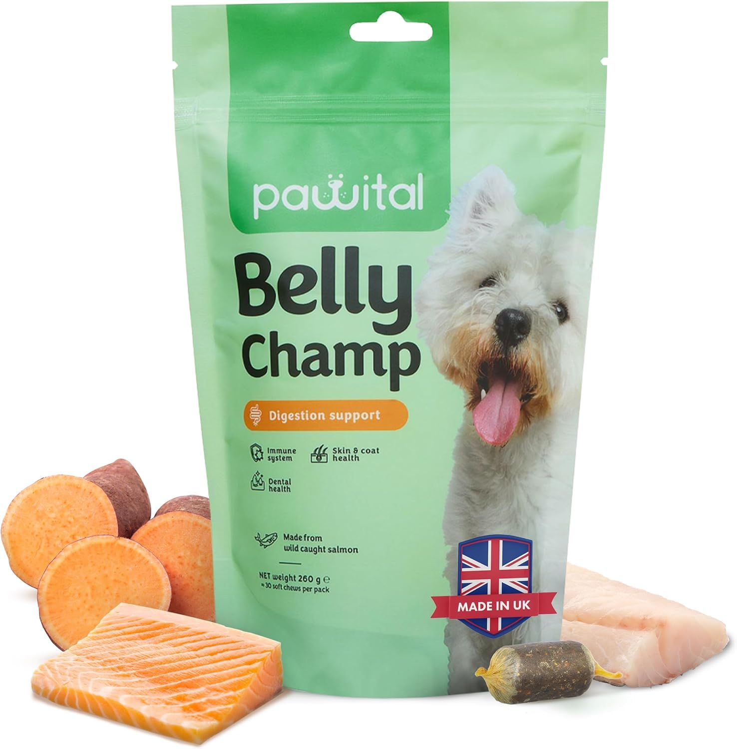 Pawital Belly Champ, All-Natural Dog Treats with Wild Salmon, Postbiotics for Dogs' Digestion, Gut Health