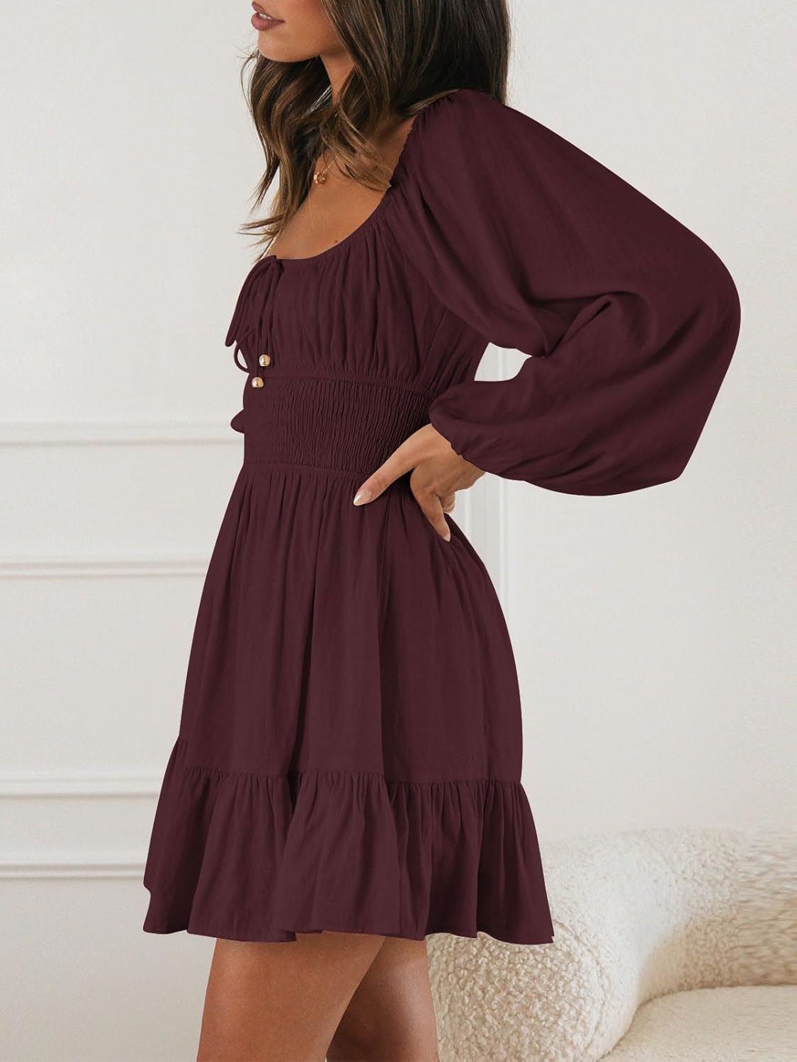 LILLUSORY Women's Long Sleeve Mini Cottagecore Dresses 2026 Fall Outfits Square Neck Casual Flowy Short Dress Fashion - Image 5