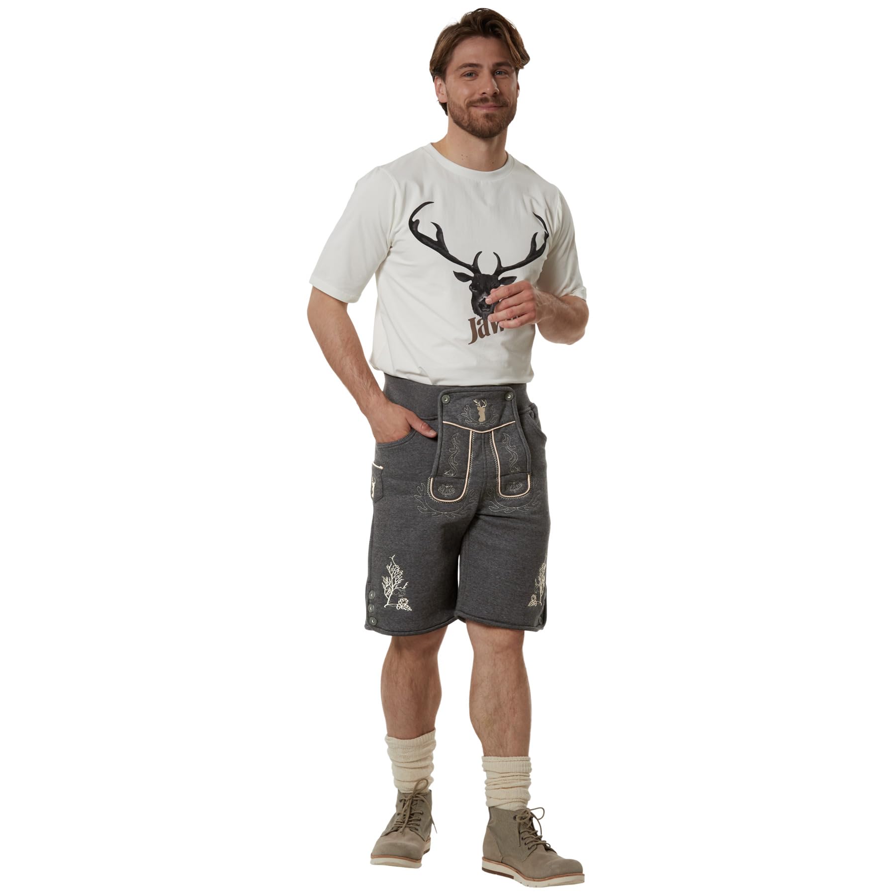 dressforfun Kurze Trachtenhose aus Fleece, vegane Lederhose, Tracht Herren, Trachten Lederhose Look ohne Leder, Vintage Optik mit authentischer Stickerei für Oktoberfest, Volksfest