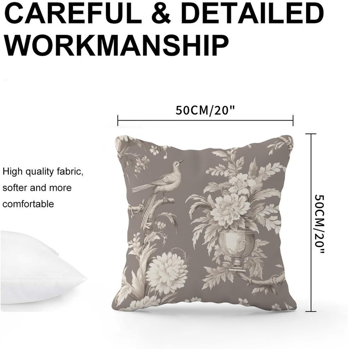 Pillowcase Tan French Country Toile Floral Cushion Cover Modern Grey White Bird Pillow Cover Accent Square Couch Sofa Cushion Covers for Patio Furniture Garden 20x20 in