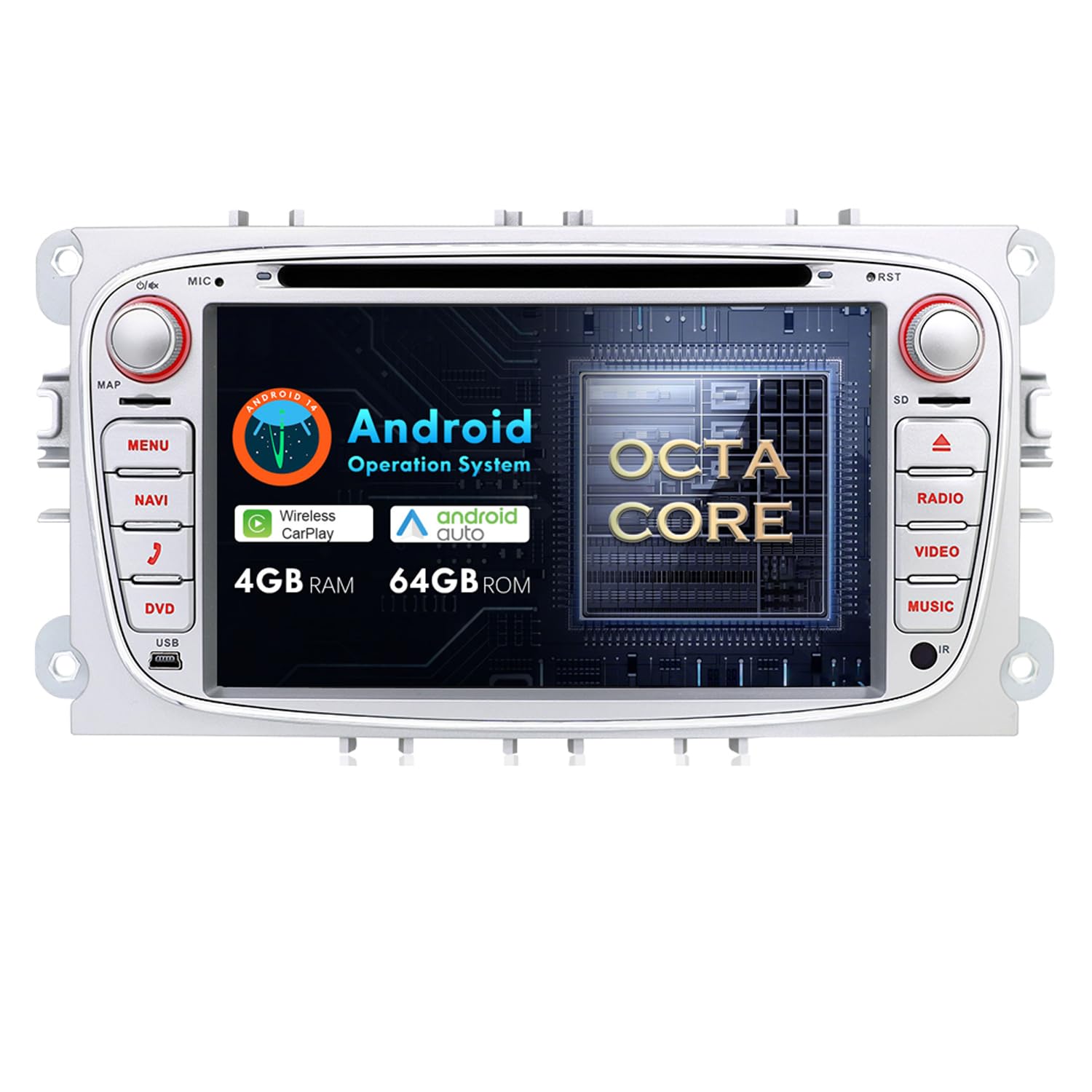 MISONDA 7inch IPS 4G+64G Android 15 Car Stereo For Ford Focus II/Mondeo MK4/C/S-Max Galaxy, Wireless CarPlay/Android Auto/DSP