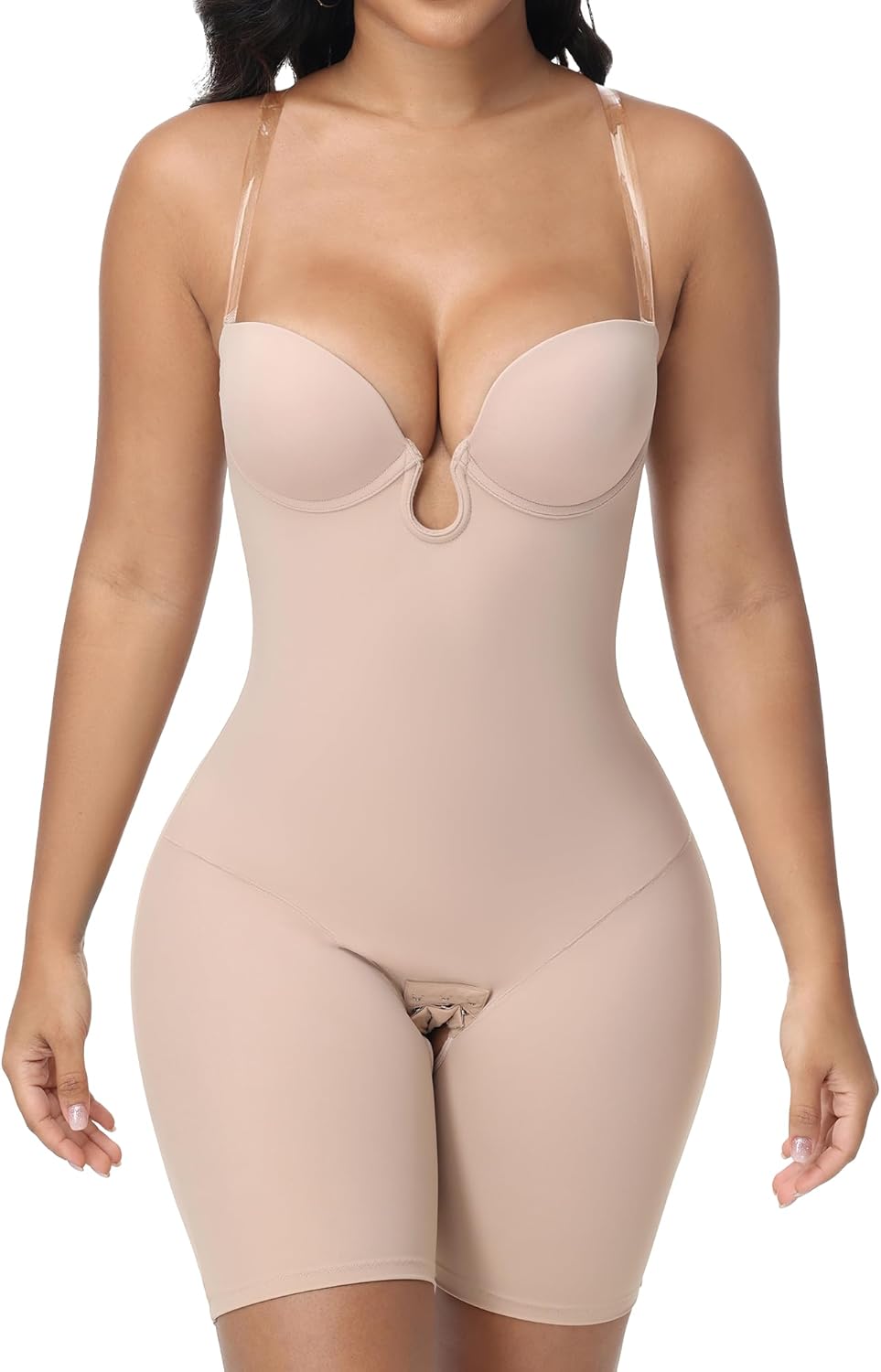 SHAPESHE Strapless Shapewear for Women Backless Bodysuit Tummy Control Built-in Bra Low Back Deep U Plunge Body Shaper