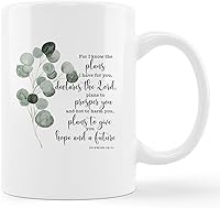 Vista 1 de Jeremías 29:11 de la Biblia cristiana con texto en inglés "I Know the Plans I Have for You" - Taza de cerámica con hojas de eucalipto en acuarela