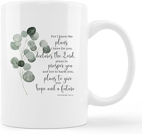 Jeremías 2911 de la Biblia cristiana con texto en inglés "I Know the Plans I Have for You" - Taza de cerámica con hojas de eucalipto en acuarela de