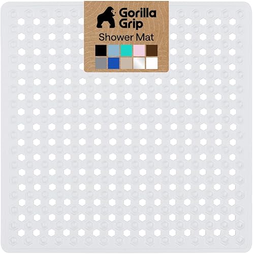 GORILLA GRIP Patented Square Shower Stall Mat, Small Bathtub Floor Mats for Stand Up Showers with Suction Cups and Drainage Holes, Machine Wash