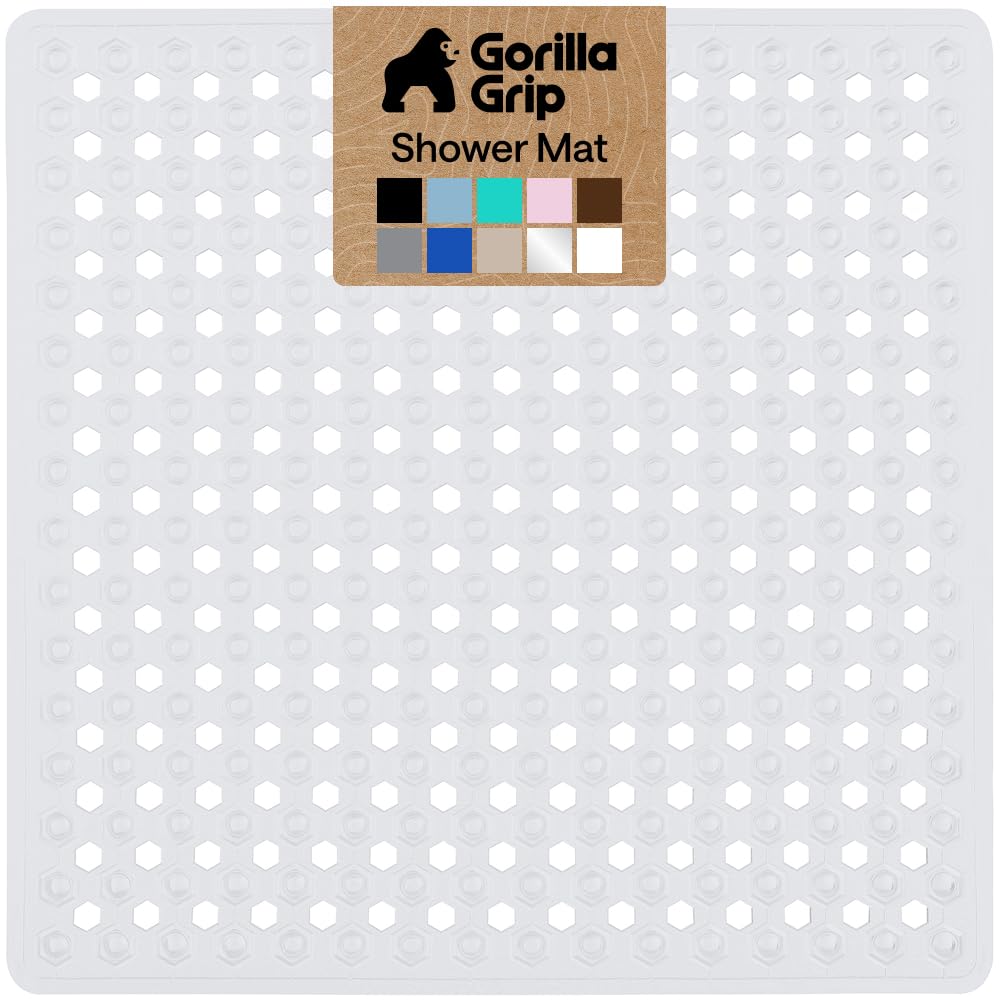 GORILLA GRIP Square Shower Stall Mat, Bathtub Floor Mat, 21x21 White