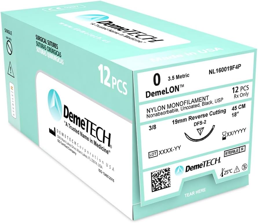 DemeLON Non-Absorbable Nylon Monofilament Suture, DFS-2, 19mm, 3/8 Circle, Reverse Cutting Needle, USP Size 0, 18 inches, (45cm), Black