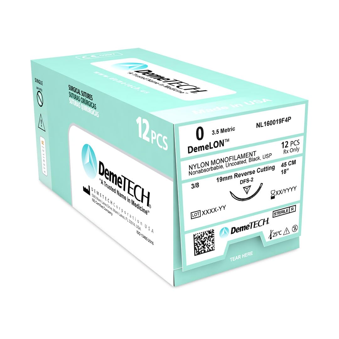DemeLON Non-Absorbable Nylon Monofilament Suture, DFS-2, 19mm, 3/8 Circle, Reverse Cutting Needle, USP Size 0, 18 inches, (45cm), Black