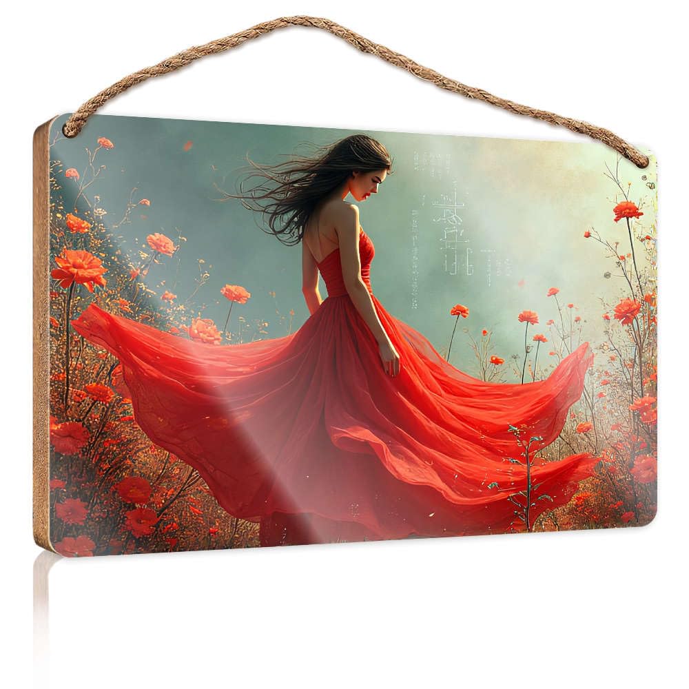Bathroom Wall Wood Sign A Woman In A Flowing Red Dress Amidst Vibrant Orange Flowers. Outdoor Fall Decorations Restroom Decor(20X30CM)