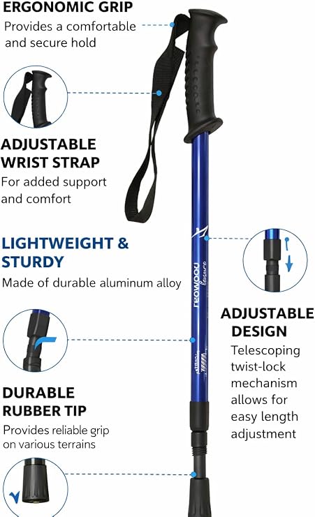 2 x Adjustable Hiking Trekking Poles (65cm–135cm) with Anti-Shock System, Ergonomic PVC Grip, Mud Basket & Durable Rubber Tip – Lightweight Aluminum Walking Poles for Hiking, Trekking & Outdoor Trails