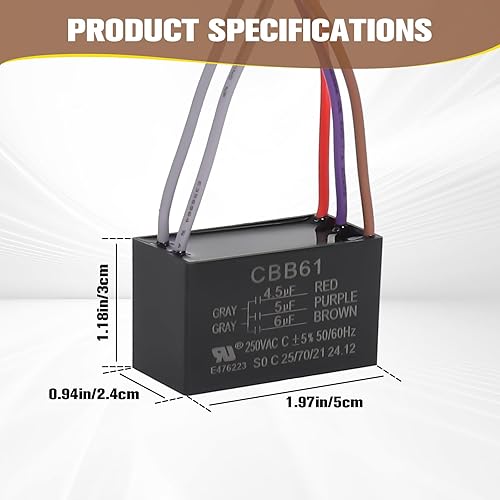 Miniatura 3 de Podoy Condensador de ventilador de techo CBB61 5 cables para compatible con New Tech 4.5uf+5uf+6uf 250VAC (paquete de 2)