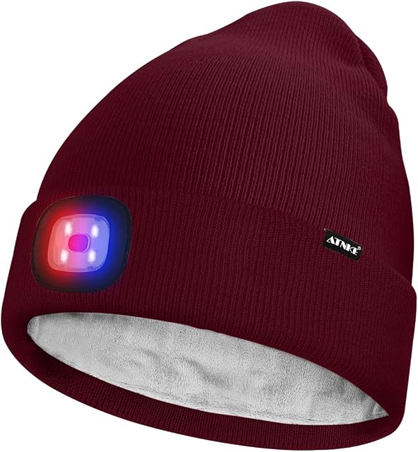 ATNKE Unisex LED Lighted Beanie Hat,USB Rechargeable 4 LED Red and Blue Glow Flashing Running Headlamp Ultra Bright Cap with Head Torch Winter Warm Lined Fleece Gifts for Men and Women