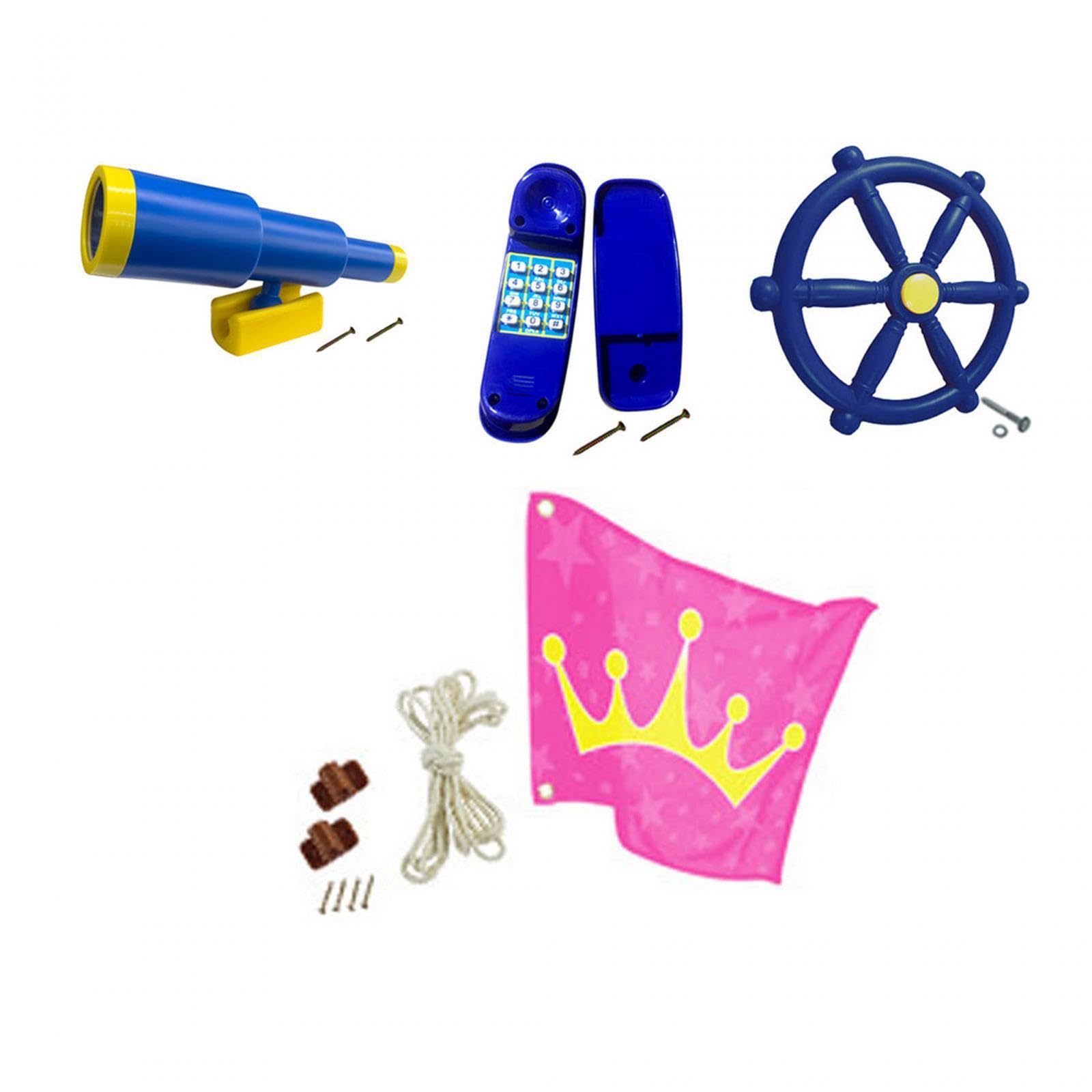 Spielplatzzubehör für Kinder, Outdoor Spaß im Garten: Piratenschiff Spielset mit Teleskop, Schaukel, Rad und Spielzone. Das Piratenschiff Spielset