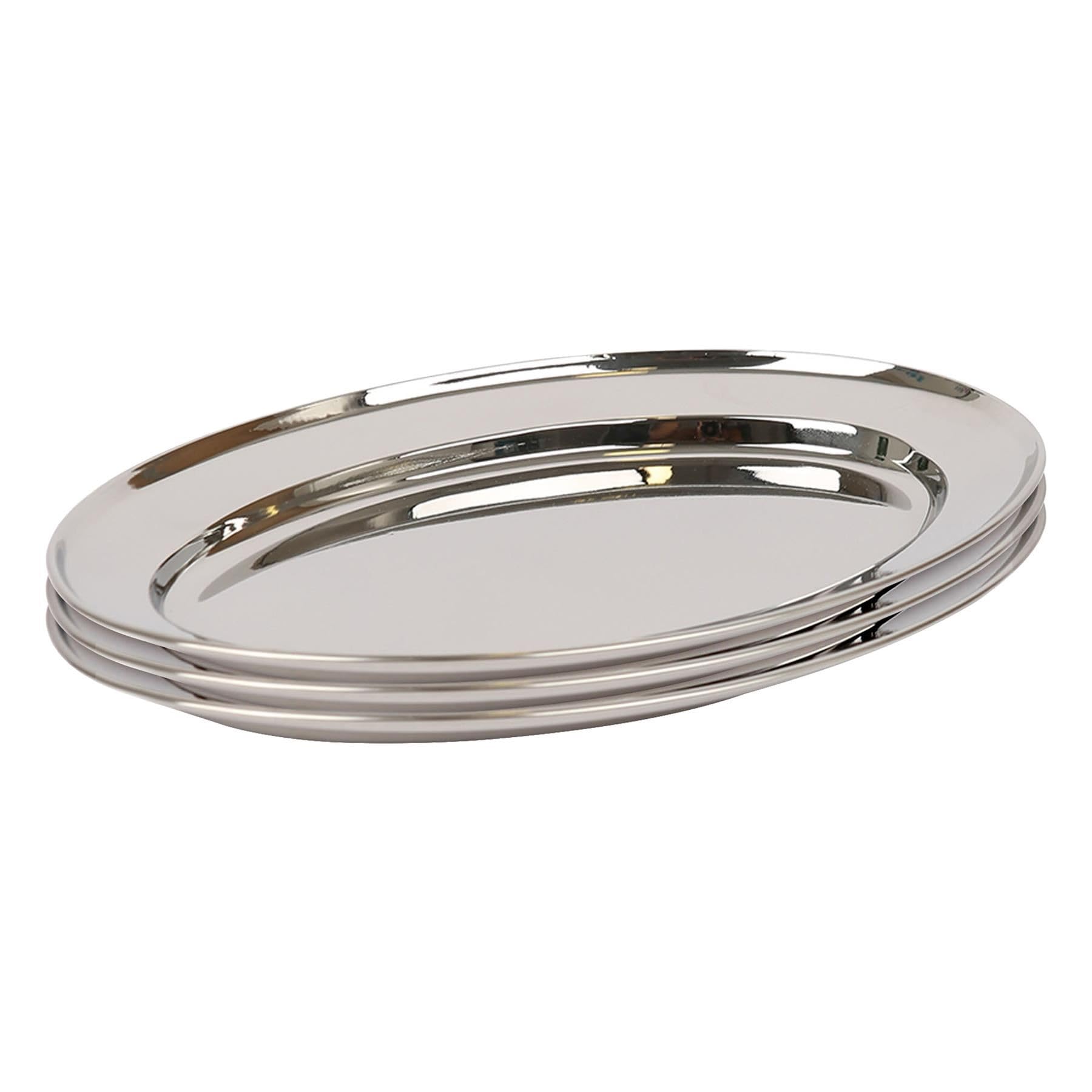 Argon Tableware 30 x 20.5cm Serving Platters - 3 Pack - Stainless Steel Chrome Dinner Tray Oval Plate Small Appetizer Serving Dishes for Party, Events, Table Service, Snack Platters