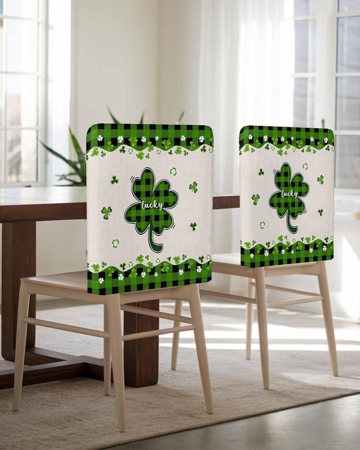 St. Patrick's Day Dining Chair Back Covers, Lucky Shamrock Leaves Green Black Plaid Irish Decoe Chair Covers Chair Slipcovers Protective Covers for Holiday Party Festival Decoration, Set of 4