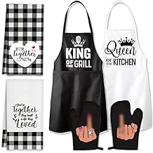 Aprons King & Queen Couples Valentine Wedding Set Housewarming Gifts,Funny Apron Gifts set for Him Her Husband Wife Newlywed couple,6 Packs with Oven Mitts and Kitchen towels-9
