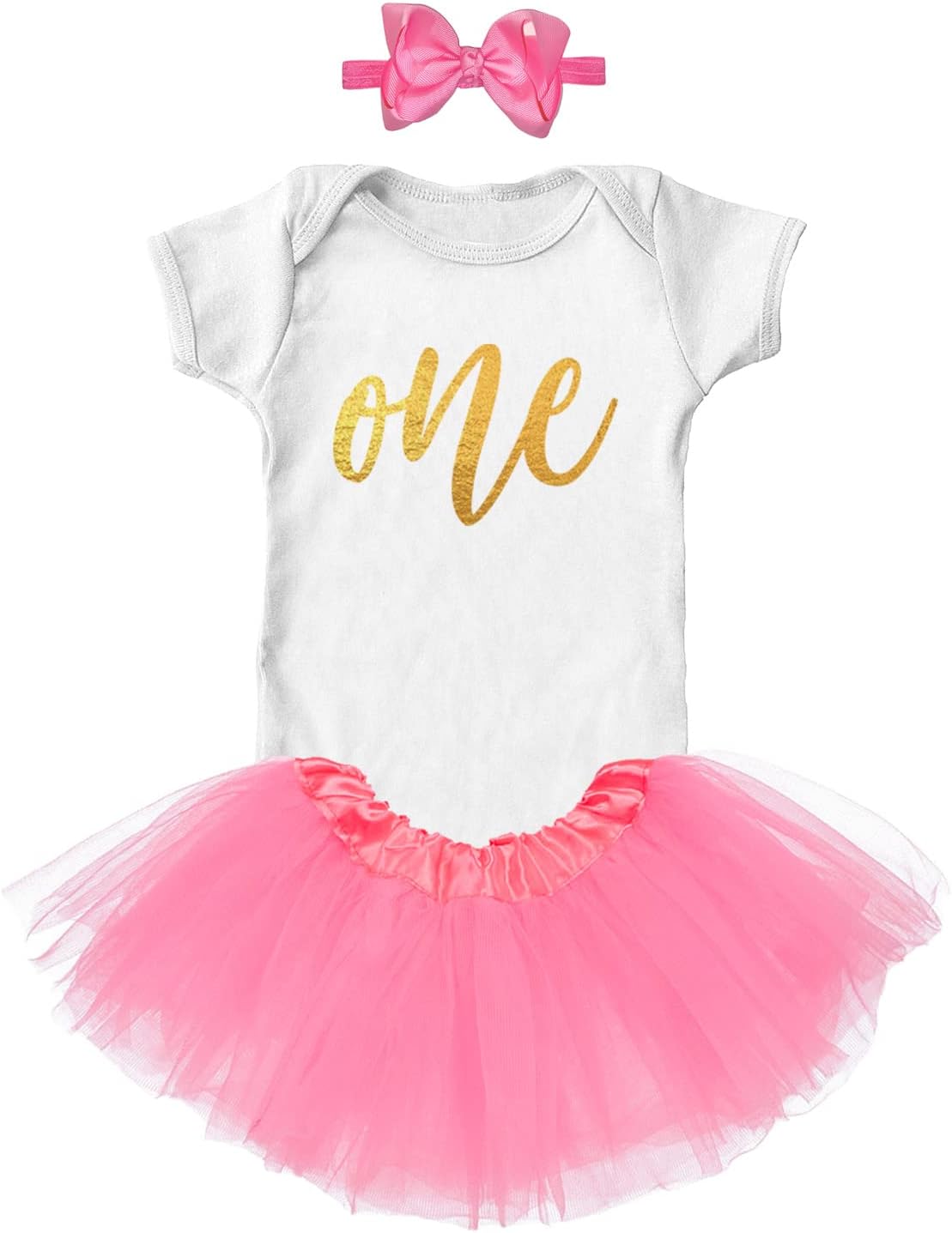 Tcombo Gold Foil Birthday One - 1 Year Old Baby Bodysuit + Tutu Skirt + Bow Headband Set