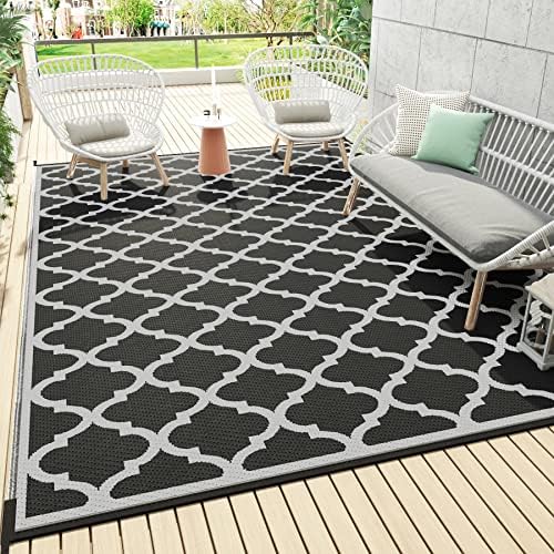 RVOLST Outdoor Rug Carpet Waterproof 5x8 ft-Patio Rug Reversible Portable RV Camping Rug Mat-Plastic Straw Outdoor Rug for Patio Decor Outside Rug for Picnic Balcony-Black and Gray