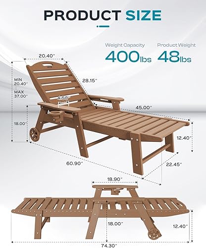 Miniatura 156 de Silla de Descanso para Exteriores, Silla de Descanso Chaise Lounge de Gran Tamaño con 5 Posiciones, HDPE, Silla de Descanso para Patio con Ruedas