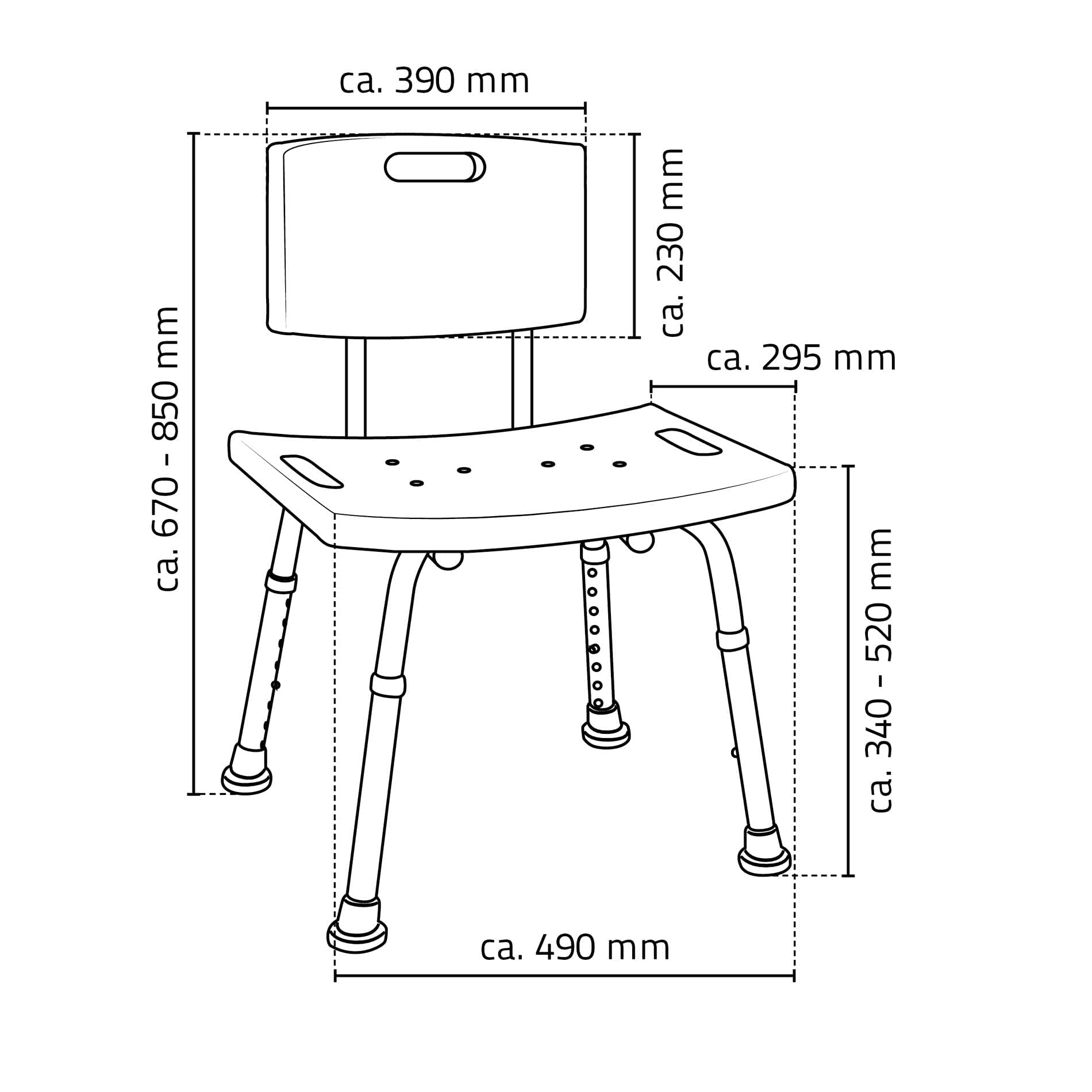 HOMCOM Sedia Doccia Antiscivolo Regolabile su 8 Altezze con Fori di Drenaggio e Ventose, Sedia da Doccia in Plastica e Alluminio, 50.6x43x71-88 cm, Bianco e Argento