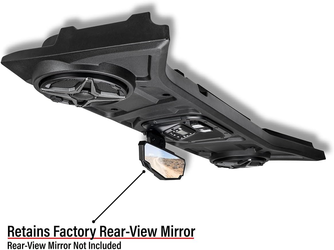 SSV Works soundbar installed in a Polaris RZR, showing retention of the factory rearview mirror.