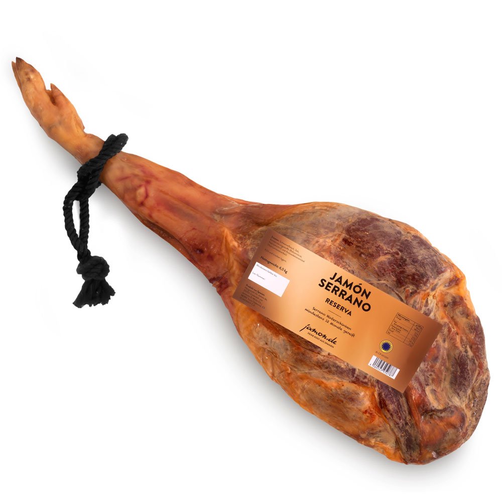 Jamon-Box Nr. 2 - Serrano-Schinken 6,5kg im Geschenk-Set mit Zubehör - 12 Monate gereifter Hinterschinken aus Spanien inklusive Schinkenständer, Schinkenmesser & Schneide-Anleitung von jamon.de