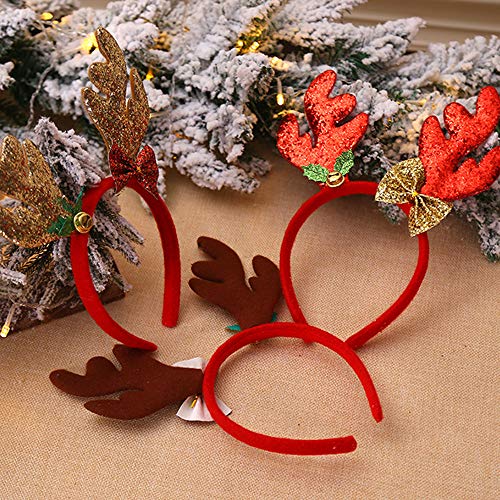 Christmas Reindeer Headband Glitter Reindeer Antlers Headbands Xmas Hair Band Headpiece Women Deer Bow Bell Hairband Hair Hoop Holiday Party Decoration Cosplay Costume Hair Accessories 2 Pack Golden #TOP6