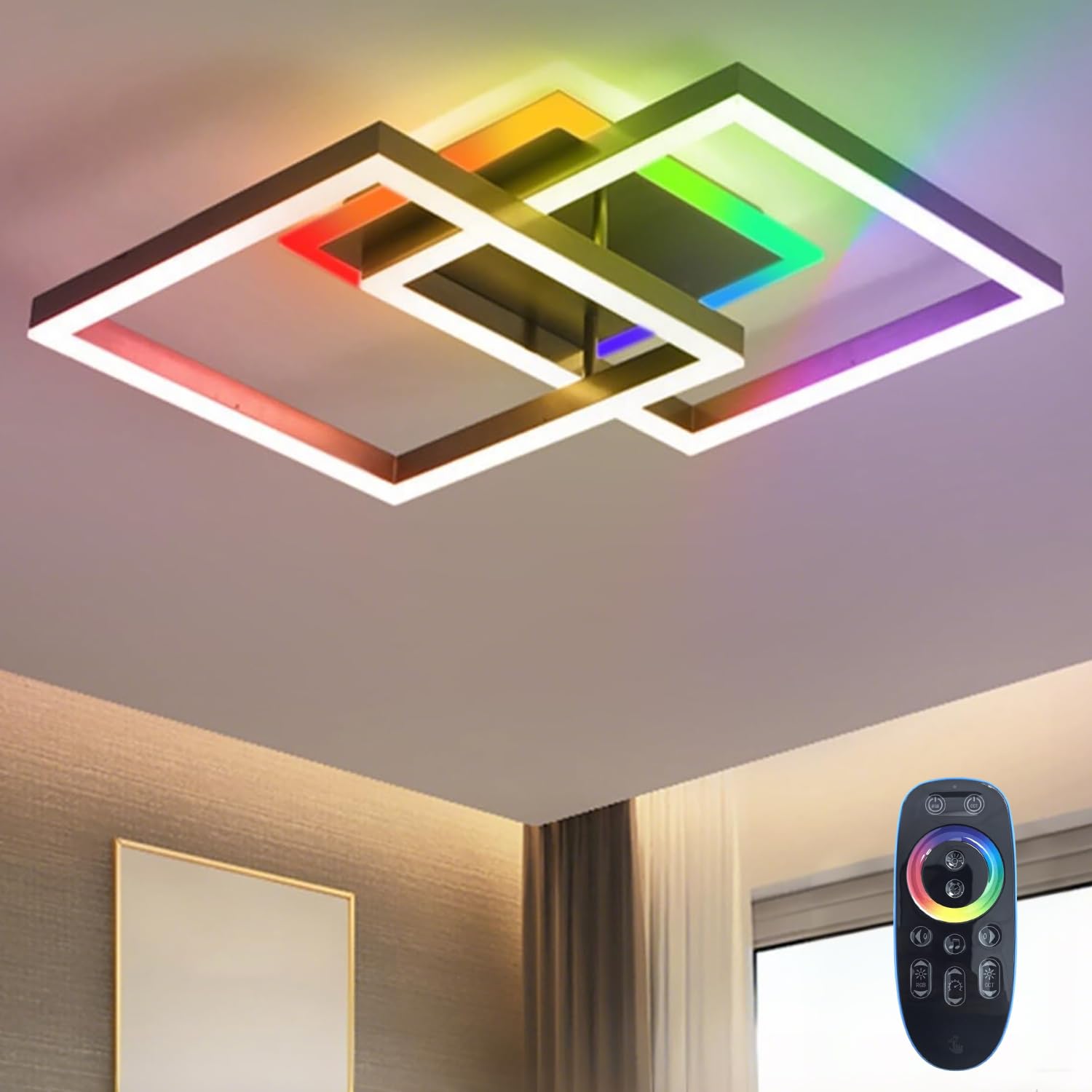Luz de Techo LED Inteligente, 40W RGB Dimmable Lampara Techo con Mando a Distancia, App Control, Función de Memoria, Diseño Geométrico con Retroiluminación Plafon Techo para Dormitorio Cocina, Negro