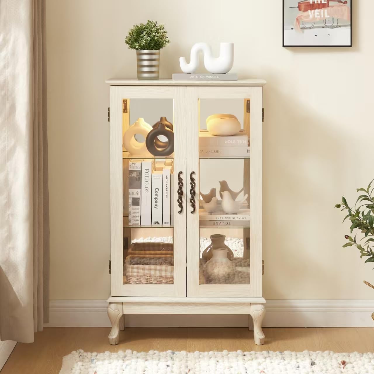 Curio Cabinet with Tempered Glass Doors Lighted Display Case with Mirrored Back Panel and Adjustable Shelves, Freestanding Display Cabinets for Collectibles, Bar Glass Liquor Storage (White)