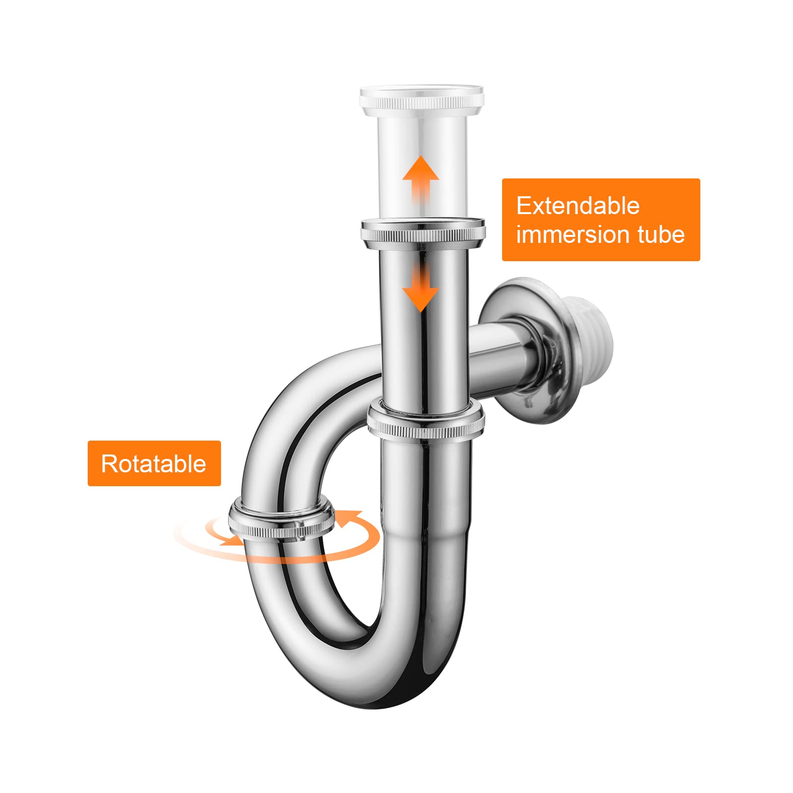 Ibergrif M20506 Universal Siphon do drenażu, rurki sodowej, syfonu w stali nierdzewnej P ze stawami uszczelniającymi, chromowane | Uniwersalny syfon rurowy i mosiężny syfon odpływowy z rurą ścienną do umywalki