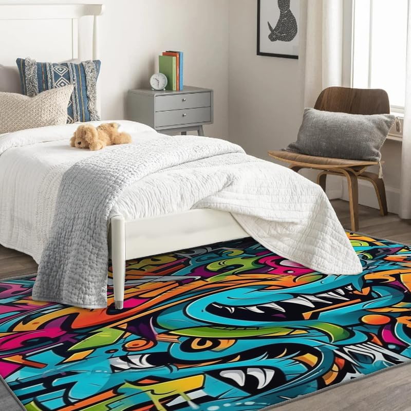 Miniatura 13 de Alfombras lavables para sala de estar, dormitorio, alfombra de graffiti musical y decoración del hogar, alfombra de área de hip hop de 3 x 4, Música