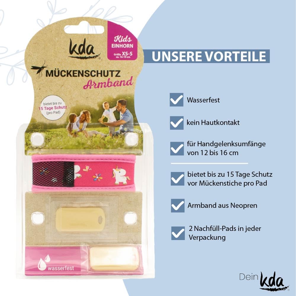 kda Mückenschutz Armband Sparset - 2 Armbänder mit gratis Nachfüller - Nachfüllpack Mückenarmband Sommer Sonne Camping (Einhorn-Hai)