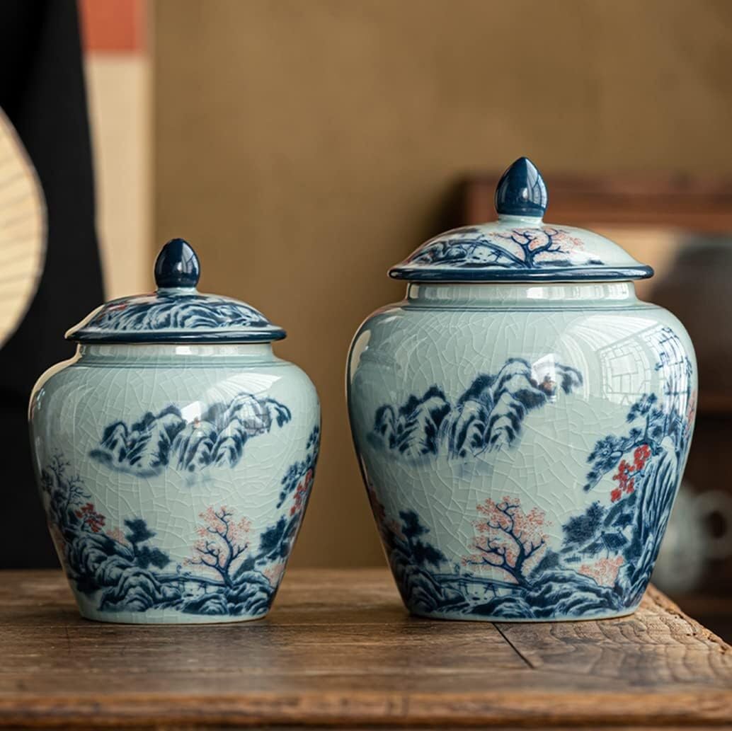 Food Storage Jar,Decorative Jar Ginger Jar Vase Decor Chinese Ceramic Ginger Jar Vase with Lid Traditional Chinese Decorative Porcelain Jars Temple Jar Ginger Jars Storage,A-16 * 21Cm